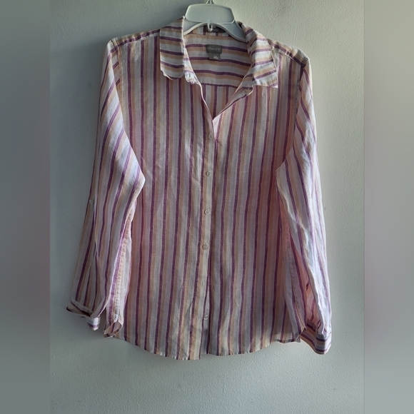 Chico's Cream/Purple Stripped Linen "No-Iron" Button Up Blouse sz 2 or Large - Picture 1 of 6